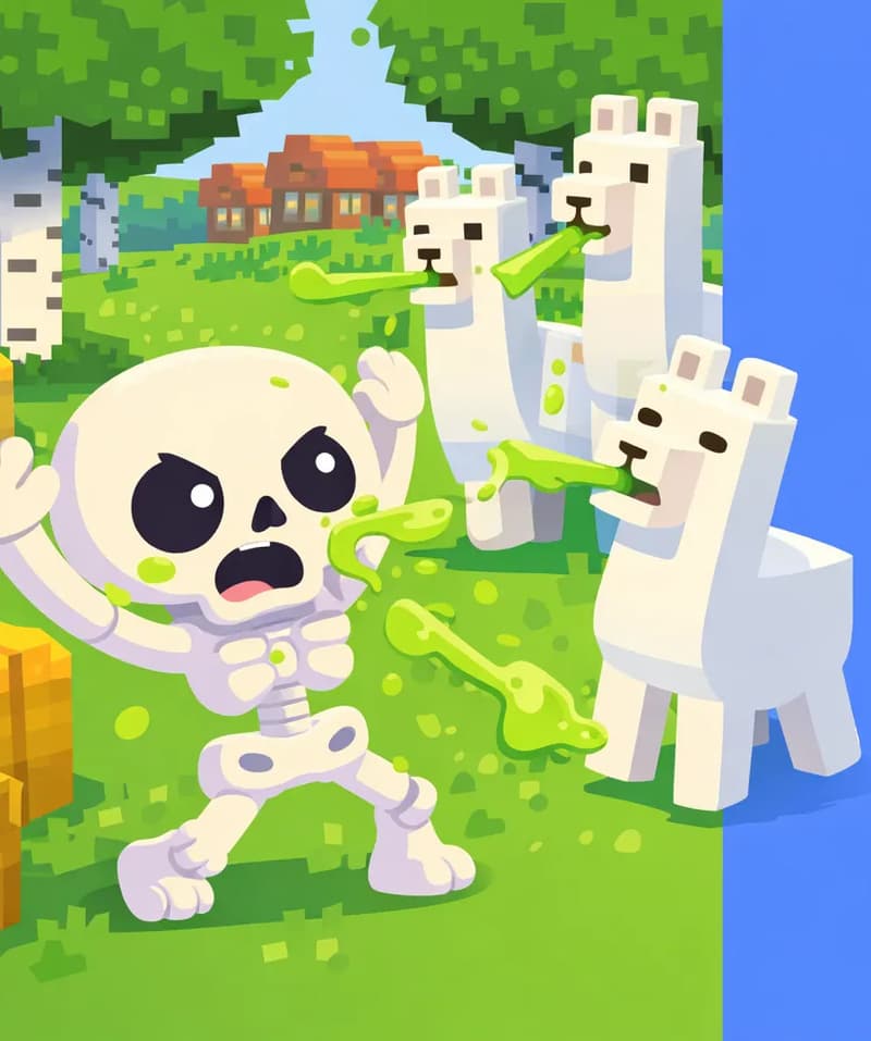 On the left side of the image, Skel stands in an aggressive, arms-raised pose, attempting to scare away a group of llamas in an outdoor Minecraft-style scene. Skel has an oversized round cream-white skull, large dark navy-black eye sockets with small white dot pupils, and a small stubby pale-white bone body with soft lavender-purple shading at the joints. Three or more white llamas surround Skel, several of them spitting streams of green, stinky spit directly at him. Green spit splatters are visible hitting Skel. The scene is set outdoors among birch trees with a village visible in the background, and hay bales are scattered on the ground. The right side of the image is open blue background.