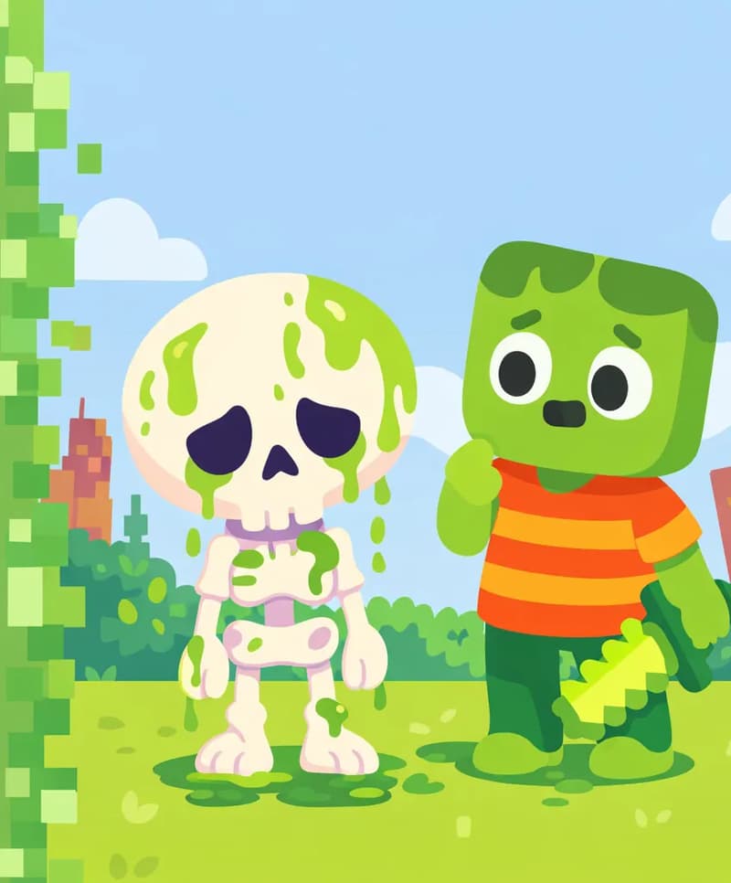 On the right side of the image, Zom stands with a surprised, concerned expression, looking toward Skel. Zom has a blocky, squared-off head with light green skin, darker green messy hair, large white eyes with black pupils, a small smiling mouth, and wears an orange-and-red horizontally striped t-shirt with dark green pants and bright green shoes. Skel stands next to Zom with a dejected, defeated expression, visibly covered in green stinky llama spit dripping from his cream-white skull and pale bones. Both characters are positioned outdoors on a grassy area against a blue sky with clouds, with buildings visible in the background. A green vine-bordered text area occupies the left side of the image.