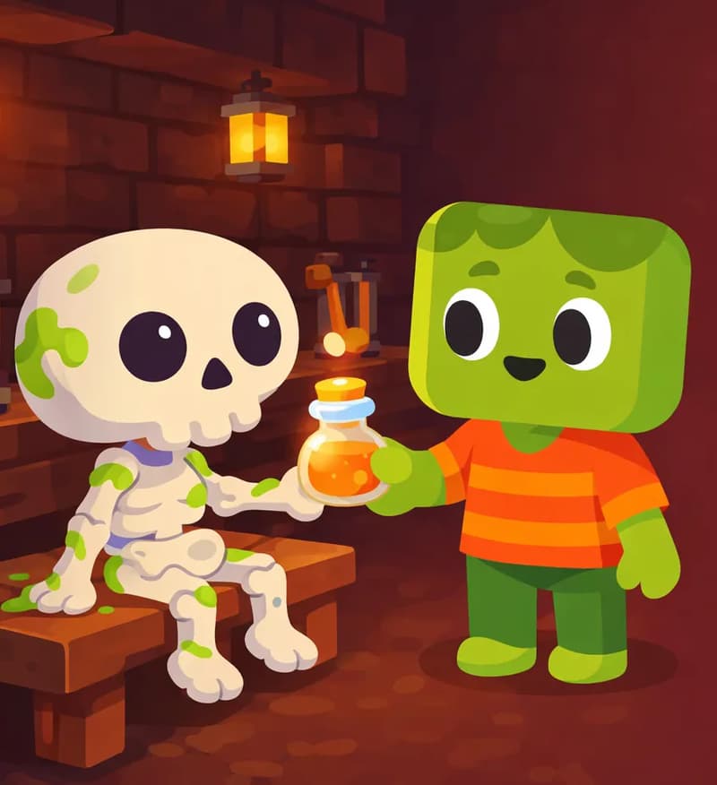On the left side of the image, Skel is sitting on a wooden bench or table, still showing traces of green spit on his bones, while Zom stands facing him holding a glowing vial of warm potion, tending to Skel's state with a caring, determined expression. Zom has a blocky, squared-off head with light green skin, darker green messy hair, large white eyes with black pupils, and wears an orange-and-red horizontally striped t-shirt with dark green pants and bright green shoes. Skel has an oversized round cream-white skull with large dark navy-black eye sockets and small white dot pupils, looking relieved. The scene is set indoors in a dimly lit stone room with warm glowing lanterns and brewing stands visible on shelves in the background, giving it a cozy hideout feel. The right side of the image is open plain background with a dark reddish tone.