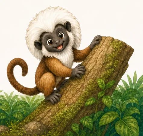 Introduce Mario. He is shown clinging to the trunk of a tree, mid-climb, with his white head mane clearly visible. A friendly, lively expression on his face. Mood: warm and welcoming — the reader's first look at the main character.