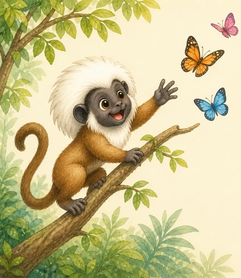 Mario climbs up a branch, reaching toward two or three colourful butterflies fluttering near him. His expression is delighted and he is captured mid-motion to show his quickness. Mood: playful, lively, quick.