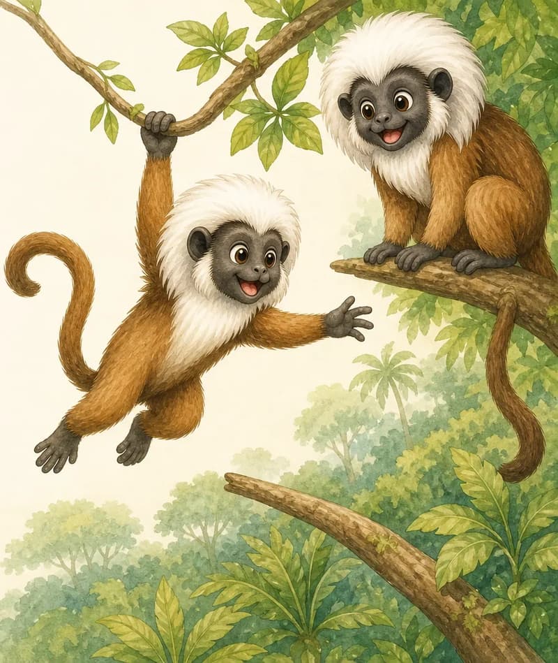 Mario swings from one branch by a single hand, his other hand reaching out toward the next branch. He looks fearless and focused. Nearby on a higher branch is his mother — an unnamed adult tamarin watching attentively. Mood: brave, agile, confident.