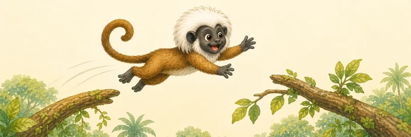 Mario is mid-air, leaping from one branch toward another. His body is stretched and his pose shows clear agility — like a small acrobatic trick through the air. Two branches frame the action. Mood: graceful, impressive, joyful.