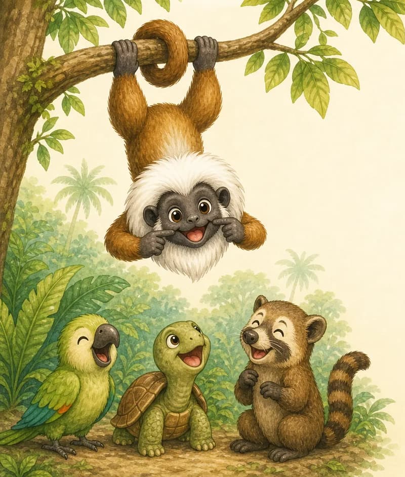 Mario does a silly, playful trick — hanging upside-down from a low branch by his tail or his hands while making a funny face. Two or three unnamed small jungle-animal friends gathered nearby watch and laugh. Mood: playful, funny, group fun.