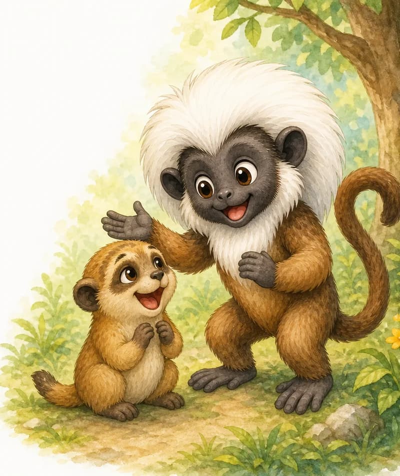Mario does a funny pose to cheer up a small unnamed animal friend who had been sad — now smiling and starting to laugh. Mario's expression is bright and kind. Mood: comforting, joyful, the gift of making others happy — the closing feel-good page.