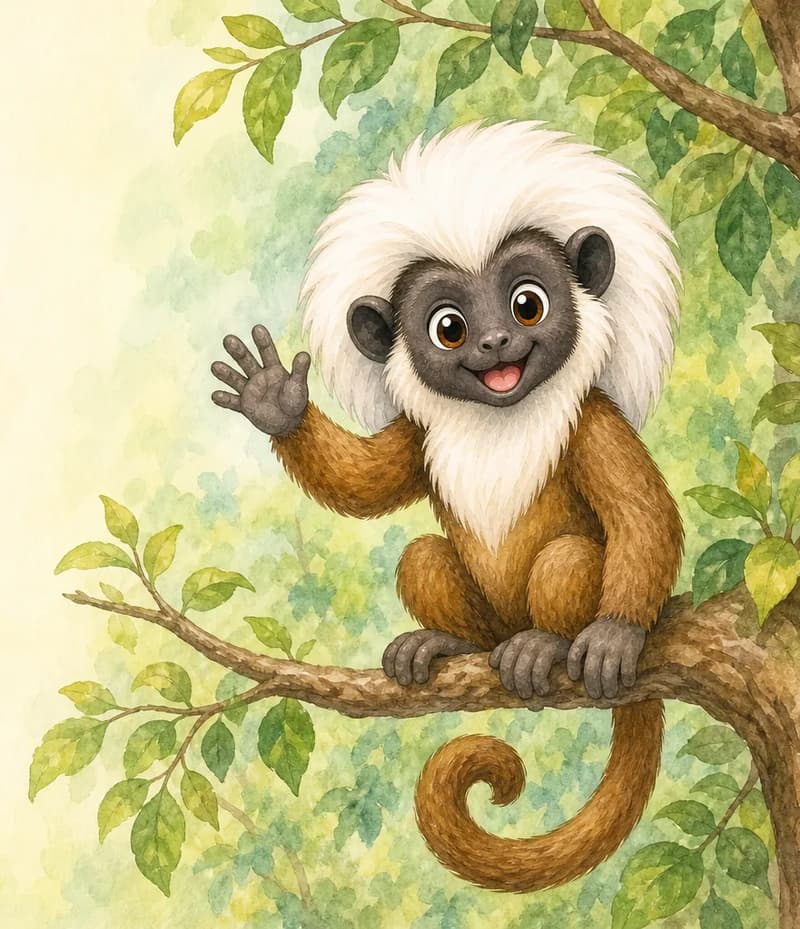 Introduce Mario. Show him in a clear, friendly pose so the reader can clearly see his white mane. Simple forest-branch background.