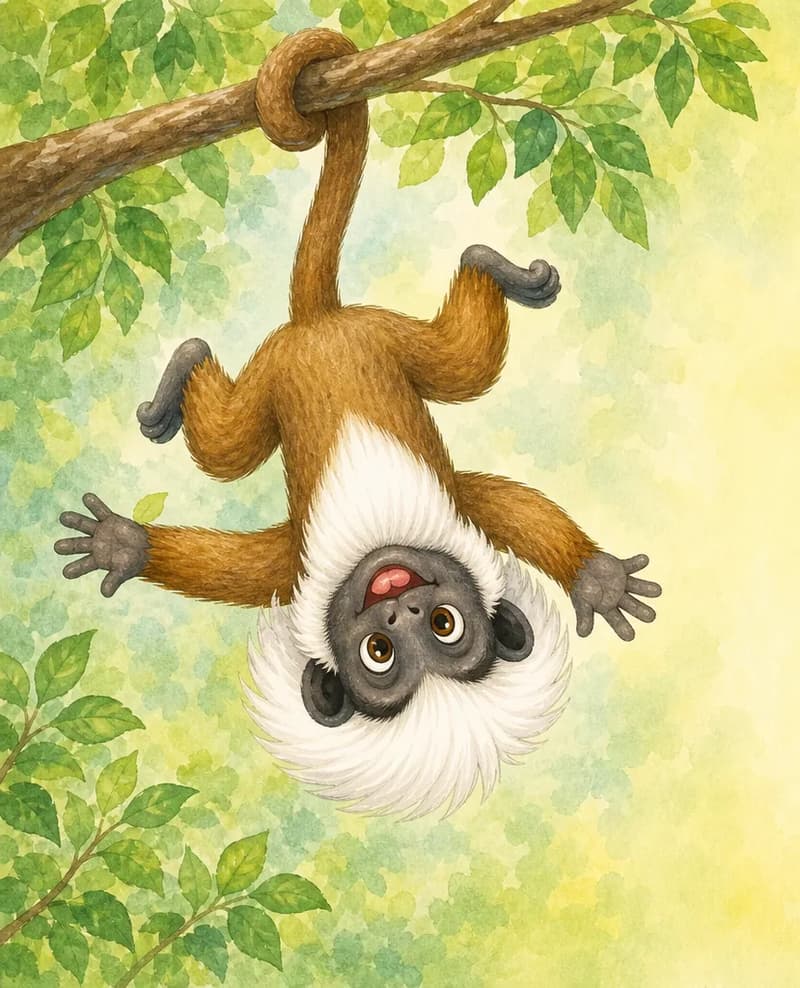 Mario performs a clear acrobatic move — perhaps mid-flip, swinging by his tail from a branch, or hanging upside down — with a playful smile. Simple background.