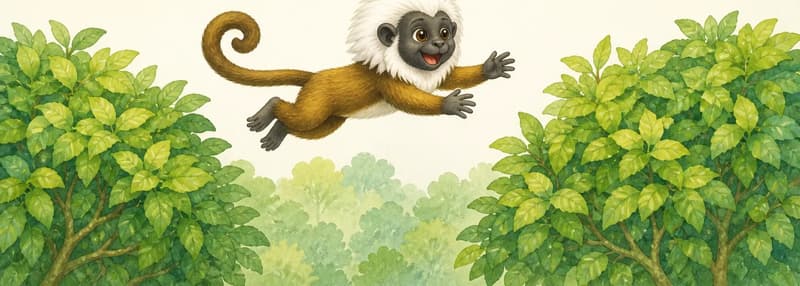 Mario in mid-leap between two leafy bushes (matas), arms outstretched, his white mane visible. Joyful, energetic mood. Simple background.