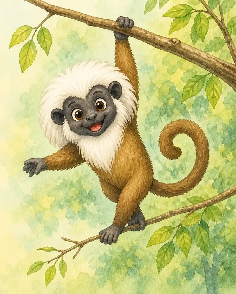 Mario performing a daring move — for instance, hanging by one paw from a high branch with a confident grin, or balancing on a thin branch. The pose looks "risky" but kid-friendly. Simple background.