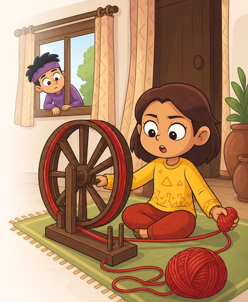 On the right side of the image, Nib sits cross-legged on the floor on a green woven rug beside a spinning wheel threaded with red yarn, one hand reaching toward the wheel and the other holding a small ball of red yarn. She is a small child with a round face, large expressive dark eyes, thick eyebrows, chin-length dark brown hair parted to the side, and warm medium-tan skin. She wears a mustard-yellow long-sleeve sweater with subtle decorative patterns and brick-red pants. She has a determined, slightly defiant expression as she looks up from her work, mouth open as if calling out. A large ball of red yarn with a trailing strand sits in front of her on the rug. Behind her in the center-left, one of Nib's brothers leans through an open window framed by pale patterned curtains, peering in at her with a concerned expression. He has dark navy-blue messy hair, light fair skin, a purple headband, and wears a purple knitted sweater with a subtle pattern. Green trees and blue sky are visible through the window behind him. The scene is set indoors in a cozy room during daytime, with a dark wooden door and a potted plant in a clay pot on the far right. The left side of the image is plain light background. The background and foreground art style is not Minecraft and should match the characters.