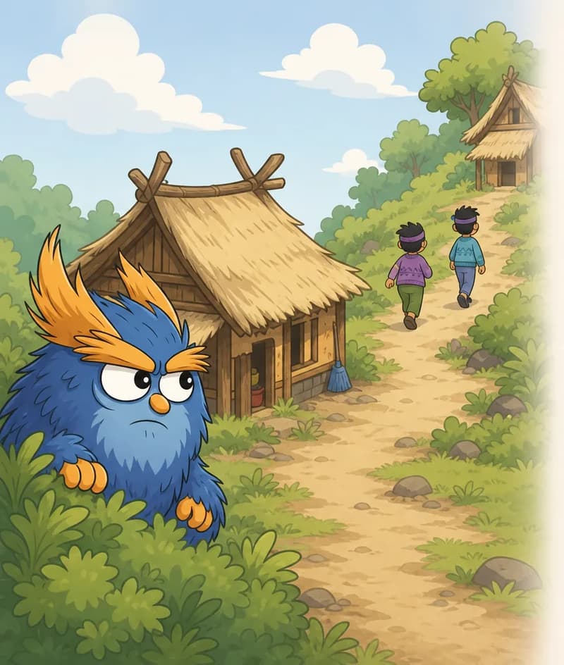 In the lower-left foreground, the Troll — a small stocky creature covered in shaggy dark blue fur with a round body, large bushy orange eyebrows, a tall orange-gold tuft of feathery hair on top of its head, large white eyes with black pupils, and a small round orange nose — crouches behind leafy green bushes with a grumpy, sly expression, watching the boys leave. To the left of center, a small wooden house with a peaked thatched straw roof and crossed roof poles sits on a grassy hillside, with a broom leaning beside its door; a second thatched hut stands further up the hill in the upper-right background among trees. Two boys walk away up a winding dirt path dotted with rocks and grassy tufts: both have black messy hair and light fair skin and wear dark navy headbands; one wears a purple knitted sweater with zigzag patterns and olive-green pants, the other a blue knitted sweater with zigzag patterns and blue pants. The scene is set outdoors on a bright sunny day with a clear blue sky and fluffy white clouds.
