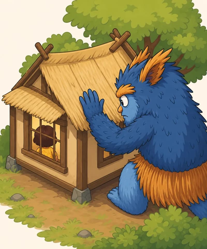 On the right side of the image, the Troll — a large creature covered in shaggy dark blue fur with a round body, large bushy orange eyebrows, a tall orange-gold tuft of feathery hair on top of its head, large white eyes with black pupils, a small round orange nose, and orange-tan feet with visible toes — crouches beside a small wooden house, peering through a window with one hand raised against the wall. Through the tiny window, Nib is visible inside, shown from a three-quarter angle sitting and working on her yarn with a ball of red wool beside her, unaware of the creature outside. She has a round face, large expressive dark eyes, chin-length dark brown hair, and wears a mustard-yellow sweater with subtle patterns and brick-red pants. The scene is set outdoors on a grassy area in daylight, with the Troll looking sneaky and intent as it spies on the house.