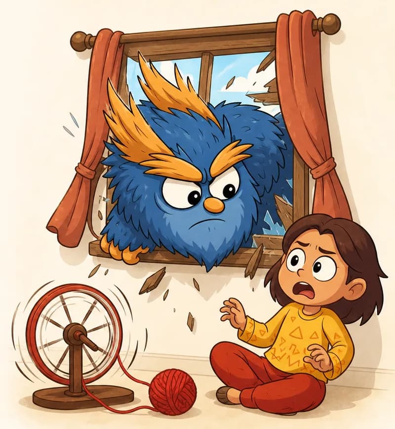 On the right side of the image, the Troll — a large creature covered in shaggy dark blue fur with a round body, large bushy orange eyebrows, a tall orange-gold tuft of feathery hair on top of its head, and large white eyes with black pupils — shoves itself through a smashed window in the wall, scowling with intense, determined eyes as broken glass and splintered wood debris fly into the room, the wooden frame cracked apart and red-orange curtains pushed aside on either side, a patch of blue sky and clouds visible behind it. Below the window in the lower right interior, Nib sits cross-legged on the floor, recoiling with a frightened, wide-eyed expression and open mouth, one hand raised as she cries out at the beast bursting in above her. She has a round face, large expressive dark eyes, chin-length dark brown hair, warm medium-tan skin, and wears a mustard-yellow sweater with subtle patterns and brick-red pants. Beside her, a small wooden spinning wheel with a red rim spins, its red yarn trailing to a ball of red yarn on the floor. The scene is set indoors during daytime, with the left half of the image left as empty pale cream wall, emphasizing the contrast between the small cozy interior and the massive creature crashing inside.