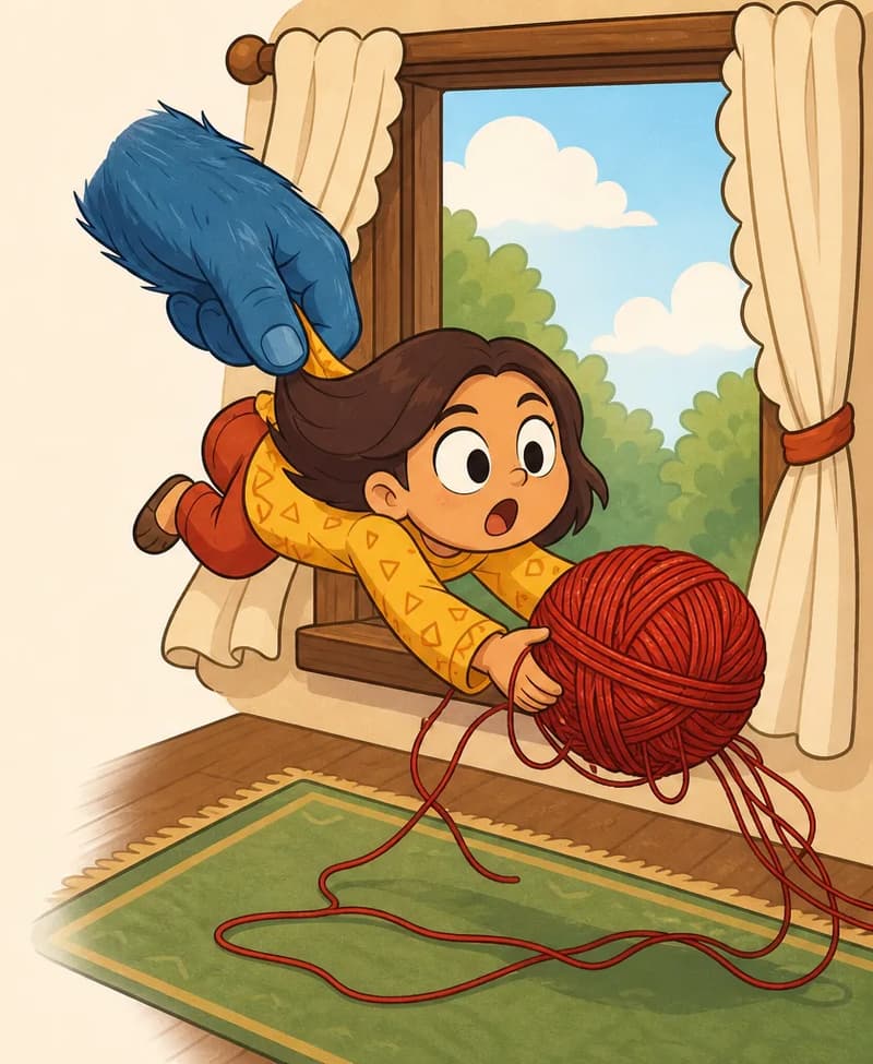 On the right side of the image, the Troll's large shaggy dark-blue-furred arm reaches in from the upper left, grabbing Nib by the back of her clothing and lifting her off the ground. Nib has a scared, wide-eyed expression with her mouth open in surprise. She has a round face, large expressive dark eyes, chin-length dark brown hair, warm medium-tan skin, and wears a mustard-yellow sweater with subtle patterns and brick-red pants. She clutches a large ball of red yarn tightly in her arms as she is pulled away. The scene is set indoors in a rustic wooden room with a window letting in soft light, and a spinning wheel is partially visible in the lower right corner. The left side of the image is plain white/misty background.