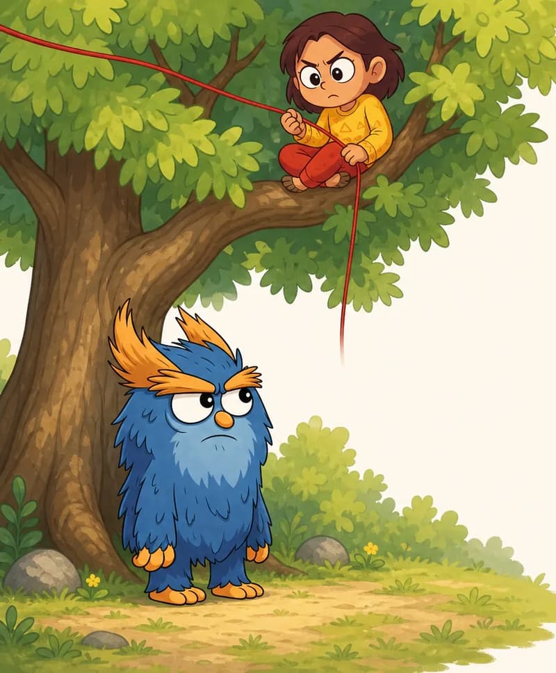 On the left side of the image, a large leafy tree rises from a grassy patch of ground, with the right side of the scene left as open cream-white space. Nib sits alone, cross-legged, on a thick branch of the tree. She has a round face, large expressive dark eyes, chin-length dark brown hair, warm medium-tan skin, and wears a mustard-yellow sweater with subtle patterns and brick-red pants. She frowns with a determined, cross expression as she grips a thin red thread of wool in both hands — no ball of wool is visible. The thread stretches up and off the top-left corner of the image, and a loose end dangles straight down from the branch below her. On the ground beneath the tree stands the Troll, a stocky creature covered in shaggy dark blue fur with a round body, large bushy orange eyebrows, a tall orange-gold tuft of feathery hair on top of its head, large white eyes with black pupils, and a small round orange nose — glancing grumpily up and to the side. The scene is set outdoors during the daytime, with green bushes, small gray rocks, tiny yellow flowers, and tufts of grass around the base of the tree.