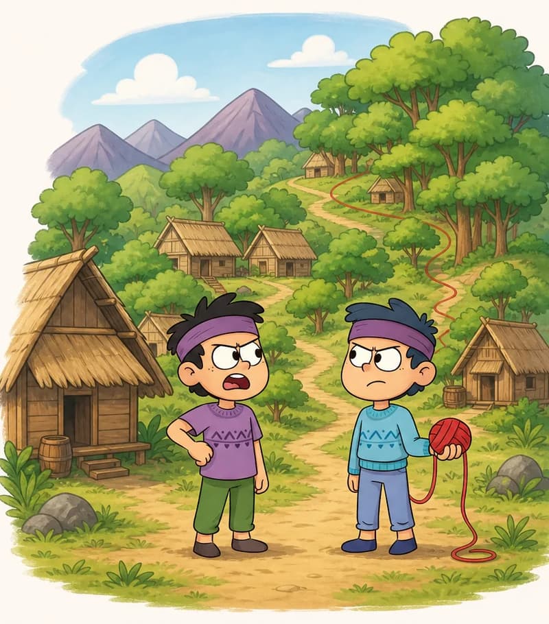 On the right side of the image, two of Nib's brothers stand facing each other on a dirt path in a small village of thatched wooden huts nestled among the trees. They have dark navy-blue messy hair, light fair skin, thick dark eyebrows, and wear purple headbands. The brother on the left wears a purple short-sleeved shirt with a subtle zigzag pattern and olive-green pants, standing with a hand on his hip and an annoyed, arguing expression. The brother on the right wears a blue knitted sweater with a subtle zigzag pattern and blue pants, frowning grumpily as he holds a red ball of yarn in one hand, with a thin red thread of wool trailing from it and winding up the path, past the rooftops and through the wooded hillside into the distance. A large thatched hut with a wooden barrel and steps stands beside them, with more huts and a winding path scattered up the green, tree-covered slope behind. The viewpoint is at ground level. The scene is set outdoors in daytime with purple mountains and a bright blue sky with clouds in the background, and the left side of the image is empty white space.