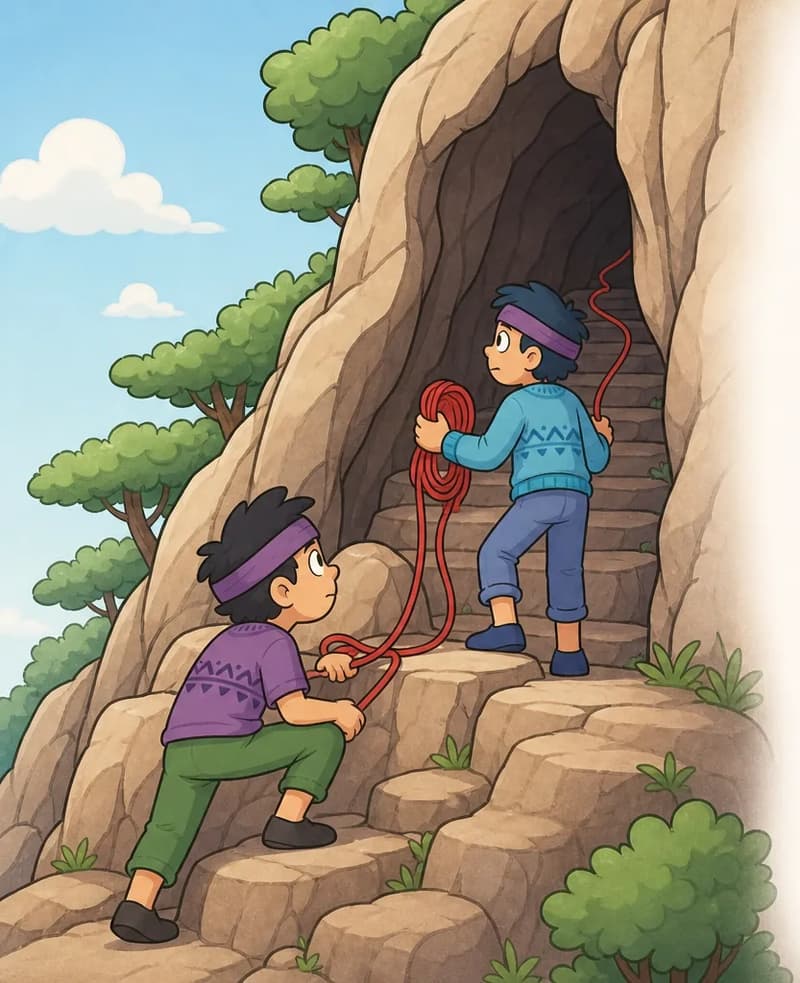 On the left side of the image, two of Nib's brothers climb toward the entrance of a large, dark cave set into a rocky mountainside, where rough stone steps lead up into the gloom. They have dark navy-blue messy hair, light fair skin, thick dark eyebrows, and wear purple headbands. The brother standing upright at the cave mouth wears a blue knitted sweater with a subtle zigzag pattern, blue rolled-cuff pants, and blue shoes; he holds a coiled bundle of red wool in his hands, gazing cautiously into the darkness with a determined posture. The other brother crouches low on the rocks just below and behind him, wearing a purple short-sleeved top with a subtle zigzag pattern, olive-green pants, and dark shoes, gripping the red wool thread as he looks up toward the cave with a tense, ready stance. The thin red thread of wool runs between them, loops upward, and disappears into the dark cave interior. Leafy green trees and small shrubs cling to the rocky cliff face around the cave entrance, with a bright blue sky and white clouds behind. The right side of the image is open, blank white space with no detail.