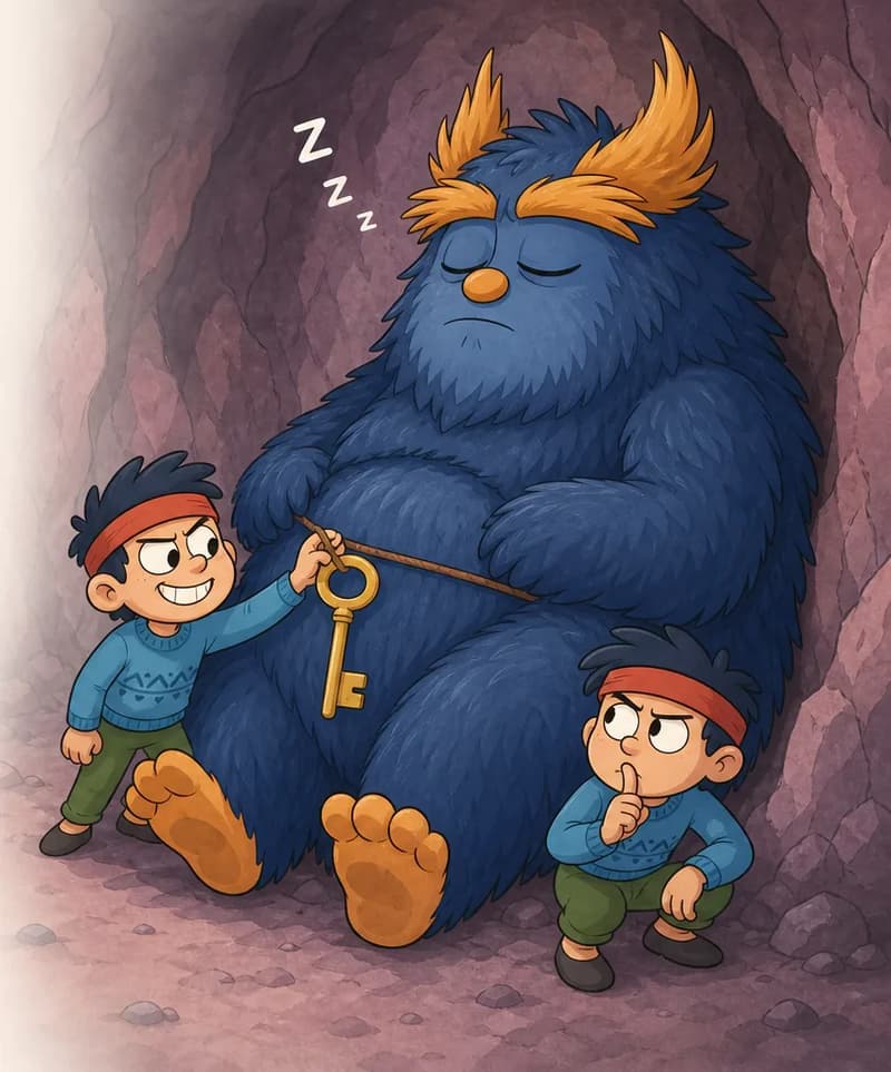 On the right side of the image, the Troll sits slumped against a cave wall with eyes closed, sleeping peacefully. The Troll is a stocky creature covered in shaggy dark blue fur with a round body, large bushy orange eyebrows, a tall orange-gold tuft of feathery hair on top of its head, large white eyes (now closed), a small round orange nose, and orange-tan feet with visible toes. A large golden key hangs from a cord at the Troll's waist. At the Troll's feet, two of Nib's brothers work together.  One is about to take the key from the Troll's waist, grinning with excitement, while the other crouches nearby, looking up cautiously with a finger to his lips. They have dark navy-blue messy hair, light fair skin, thick dark eyebrows, and wear red-orange headbands, blue knitted sweaters with subtle zigzag patterns, and olive-green pants. The scene is set inside a dim cave with rocky walls and muted pinks and grays in the background.