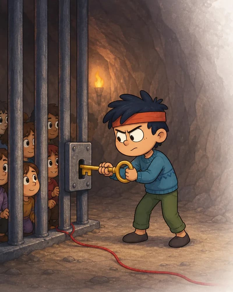On the left side of the image, one of Nib's brothers stands facing toward a set of tall vertical bars (like a cage or gate), inserting a large golden key into the lock with both hands, his expression focused and resolute. He has dark navy-blue messy hair, light fair skin, thick dark eyebrows, a red-orange headband, and wears a blue knitted sweater with a subtle zigzag pattern and olive-green pants. At his feet, a trail of red wool lies along the ground near the base of the bars. The scene is set inside the Troll's dim cave with rocky walls, muted earthy tones, and a hazy, dusty atmosphere. Behind the bars on the far left, several small children are partially visible, pressing close to the gate with hopeful expressions, illuminated by faint torchlight.