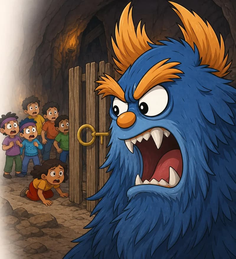 On the right side of the image, the Troll dominates the foreground, shown in close-up at a three-quarter angle with its mouth wide open in an angry yell. The Troll is covered in shaggy dark blue fur with large bushy orange eyebrows, a tall orange-gold tuft of feathery hair on top of its head, large white eyes with black pupils wide with fury, and a small round orange nose. Behind a wooden fence or gate in the mid-ground, a group of children stand together looking startled and scared, with one child crouching or ducking down near the base of the fence. The scene is set inside the Troll's cave with rocky walls and dim lighting.