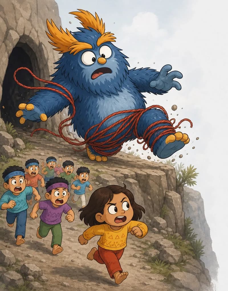 On the left side of the image, the Troll — a stocky creature covered in shaggy dark blue fur with large bushy orange eyebrows and a tall orange-gold tuft of feathery hair on top of its head — stumbles forward on a rocky ledge outside the cave entrance, tangled in red wool wrapped around its legs and body, mid-fall with a surprised, wide-eyed expression as it loses balance. Its large white eyes are wide with shock and its orange-tan feet scramble for footing. Below and ahead of the Troll, a group of children run away along the rocky path, looking scared and urgent, with Nib at the front — a small child with chin-length dark brown hair, warm medium-tan skin, and a mustard-yellow sweater with brick-red pants — glancing back with a triumphant, frightened expression. The right portion of the image is plain light gray/white background.