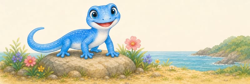 Introduce Luisa. A clear, friendly full-body view of her on a simple rock or branch, posed so her bright vibrant blue body and her white belly are both easy to see. Mood: warm and welcoming — the reader's first look at the main character.