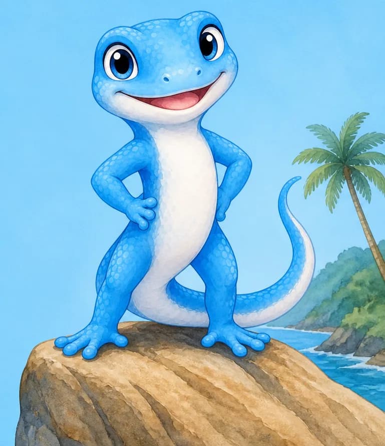 Luisa is perched on a high rock or branch outdoors under a clear blue sky on a sunny day. Her blue body is shown clearly but the surrounding plain blue sky gives the visual impression that she could blend in. A hint of the island setting — for example a palm tree silhouette or coastline edge — sits at one side. Mood: bright, sunny, peaceful.