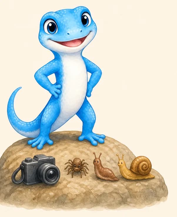 Luisa stands proudly on a rock with a small simple camera resting in the foreground (suggesting people photograph her, but without showing people). Beside her on the rock are a few of the foods she eats: a small spider, a slug and a snail. Mood: special, observed, curious.