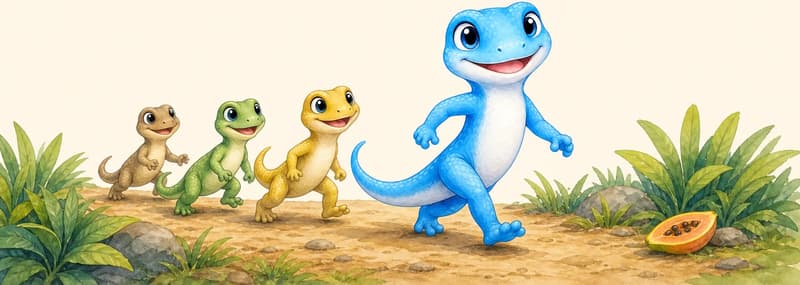 Luisa walks ahead along a small path on the island, head held high and confident, leading two or three unnamed lizards behind her. A small piece of fruit sits to one side of the path. Mood: confident leadership.