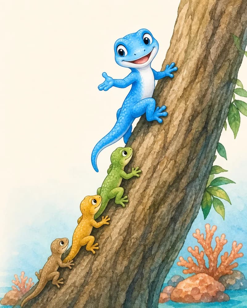 Luisa is partway up the trunk of a steep tree, looking back and gesturing with a front paw to encourage the other two or three lizards behind her, who are also climbing. A simple suggestion of the island setting (a coral-coloured rock or two at the base) hints at the warm coral reefs. Mood: helpful, encouraging, adventurous.