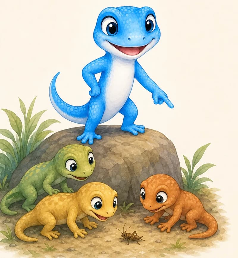 Luisa stands on a small rock pointing with a front paw toward a tiny insect on the ground while the two or three unnamed lizards lean in attentively to learn. Luisa has a proud, capable expression. Mood: leadership, teaching — the closing feel-good page.