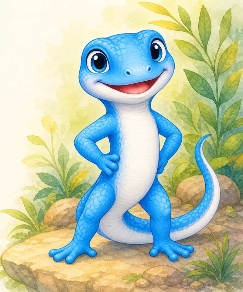 Introduce Luisa. Show her in a clear, friendly pose so the reader can see her bright blue colouring and white belly. Simple background.