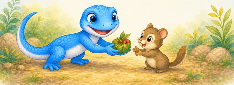 Luisa hands a small item (a leaf, a berry, a tied bundle) to a small unnamed animal who is happy to receive it. Helpful, kind mood.