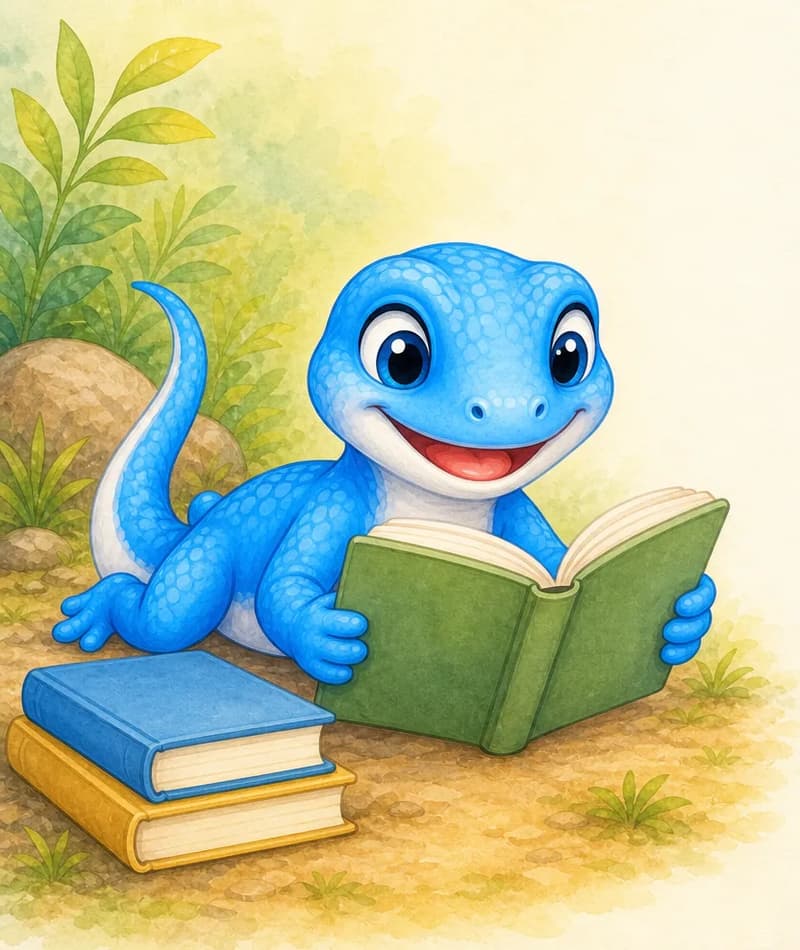Luisa is reading an open book held between her front paws (or with the book on the ground in front of her). She looks completely absorbed and delighted. A small stack of one or two more books may sit beside her. Closing-page warm feel.