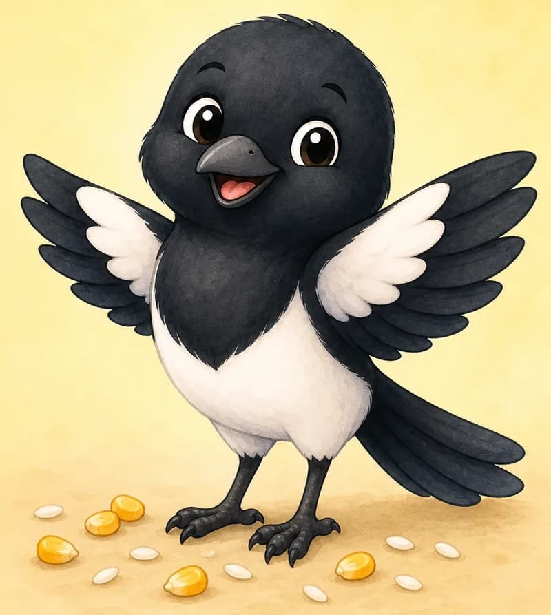 Introduce Úrsula. She is shown perched on a low branch or standing on the ground with wings slightly open as if mid-flutter, conveying that she is a bird that can fly. A few small kernels of corn and grains of rice rest on the ground near her. Mood: warm and welcoming — the reader's first look at the main character.
