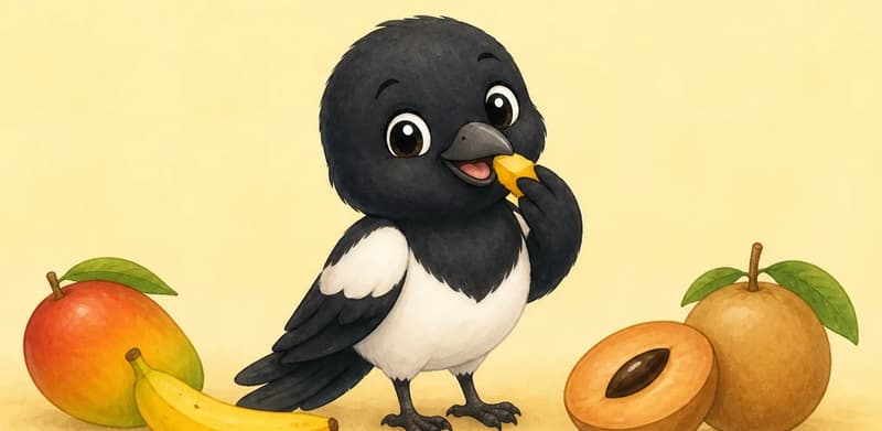 Úrsula is happily nibbling a piece of fruit — a small mango, banana or zapote at her beak. A small grouping of these three fruits (a mango, a banana, a zapote) sits beside her. Mood: cheerful, enjoying her food.