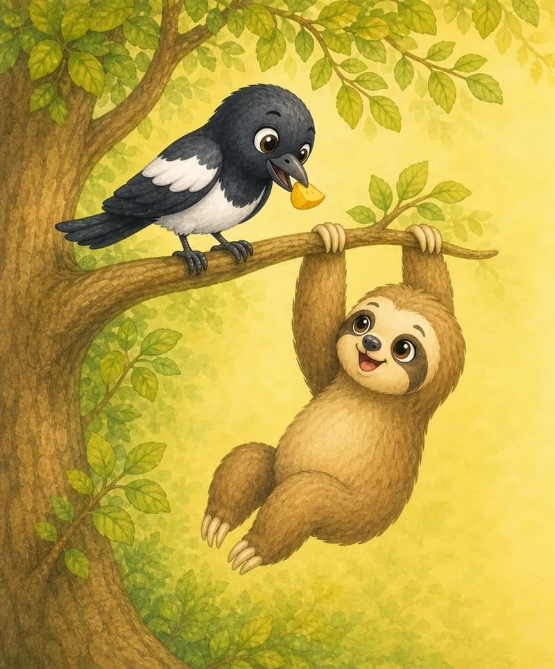 Úrsula flies up to (or perches on) the branch of Octavio's leafy tree, offering a small piece of fruit from her beak or held in a claw. Octavio hangs from the branch nearby, reaching toward the snack with a happy expression. Mood: kind, generous, friendly delivery.
