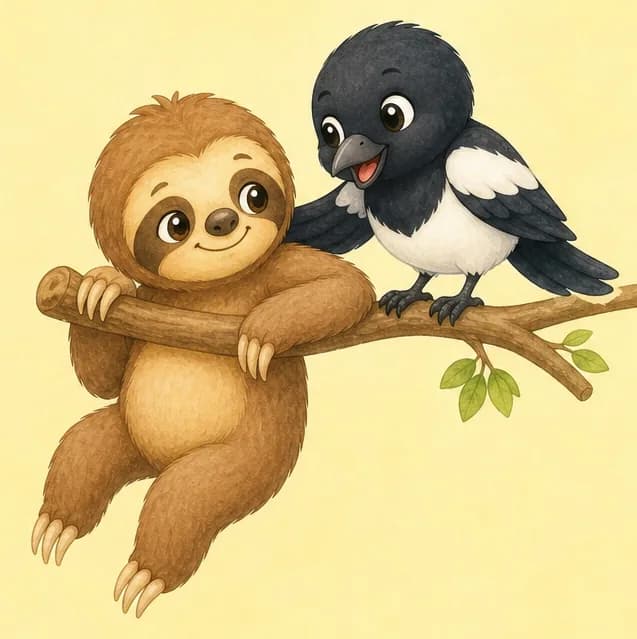 Úrsula is gently helping Octavio — for example, perching near him on a low branch while he slowly moves along, offering encouragement with a tilt of her head and a kind expression. Octavio looks grateful. Mood: caring, attentive, helpful.