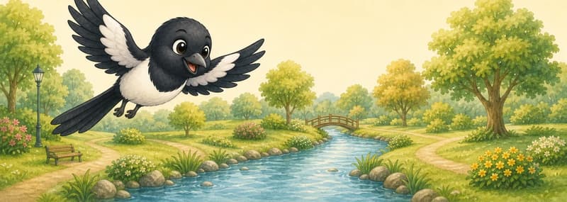Úrsula is in flight in the early-morning park, wings spread, scanning the scene with an alert expression. Below her a river is visible. The image keeps things gentle and child-appropriate — do not show hunters, weapons, traps, or fire directly. The focus is Úrsula on patrol from the air. Mood: alert, watchful, brave.
