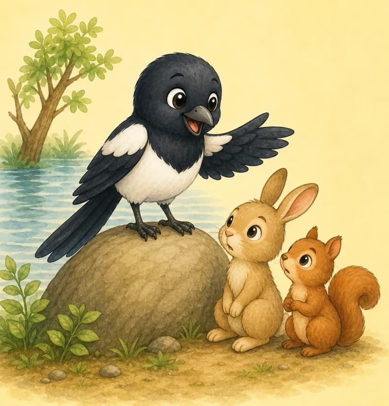 Úrsula has landed on a branch or low rock and is speaking to one or two small unnamed forest animals gathered close, gesturing with her wing as she warns them. The animals listen attentively. Mood: protective, informative.