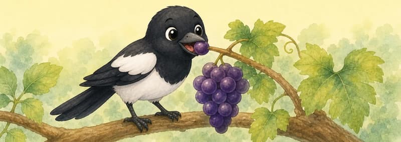 Úrsula plucks a grape with her beak from a small bunch of grapes. The bunch of grapes is clearly visible. Soft simple background.