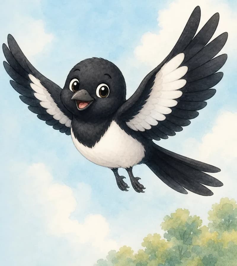 Úrsula in mid-flight, wings clearly outstretched. The scene shows her gliding gracefully through the air. Soft, simple sky background.