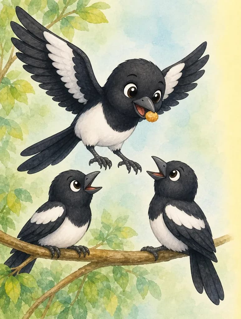 Úrsula in flight or just landing, holding a small piece of food (a berry, a bit of bread) in her beak as she brings it toward one or two other magpies waiting for her. Mood: kind and giving.