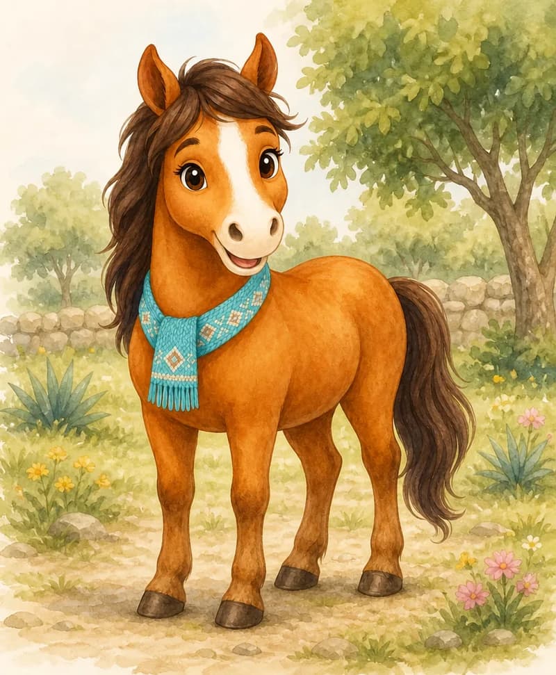 Introduce Yayis. Show her full body in a clear, friendly standing pose that demonstrates the page text — all four legs visible on the ground, head up, calm and welcoming expression. Setting: a soft, open countryside background suggesting a nature park. This is the reader's first look at the main character.
