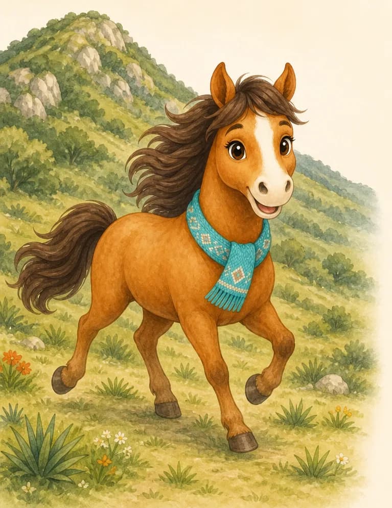 Yayis trots happily through an open field on the side of a gentle mountain in the nature park. Show her in mid-trot, head up, ears alert, clearly heading off to meet her friend. A few tufts of grass nearby suggest the herbivore diet (no other animals on this page).