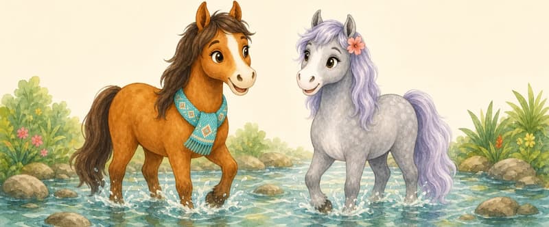 Yayis and Yolanda stand together in a shallow, refreshing stream, the water splashing gently around their lower legs. Yayis turns her head to speak to Yolanda. Both look happy and refreshed. Setting: a small stream running through the park.
