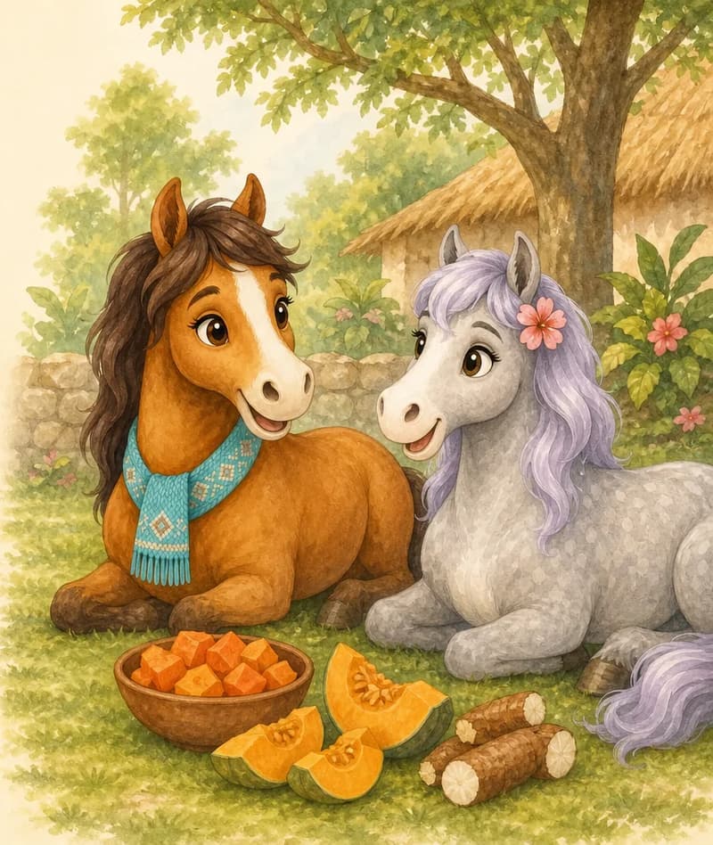 Yayis and Yolanda settle on the ground in a grassy spot with a simple arrangement of chopped papaya (orange), squash (ahuyama) and yuca in front of them. Both look relaxed and warm, chatting as they share breakfast. Mood: cozy, friendly conversation.