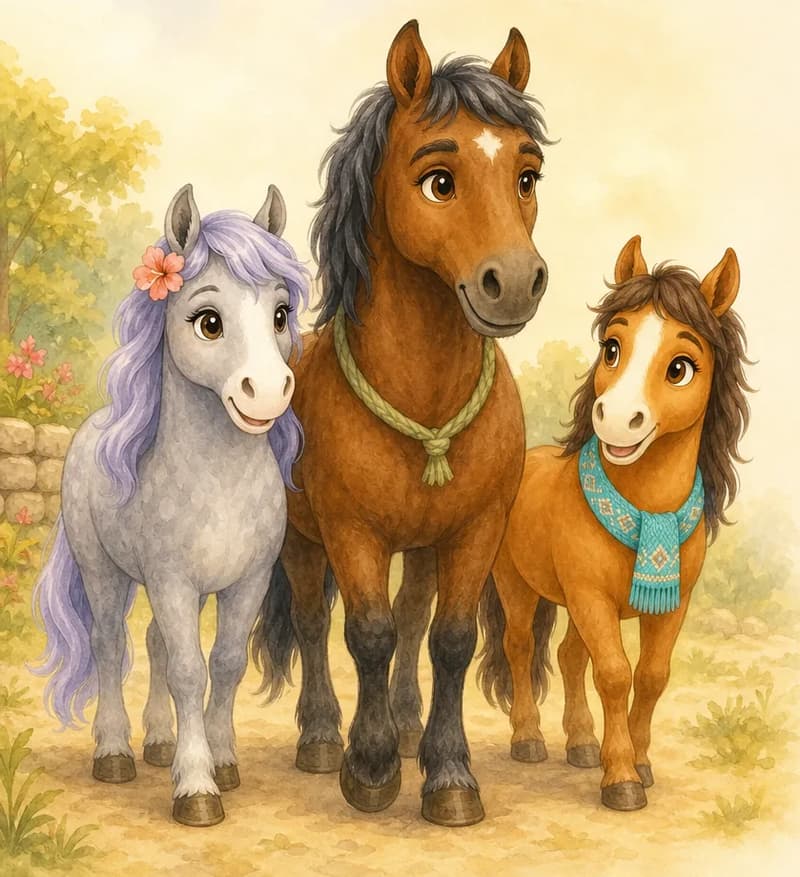 A warm memory image: Yunis, the older male horse, stands in the open countryside with Yayis and Yolanda close beside him (younger and following his lead). The mood is one of guidance and encouragement — Yunis looks calm and wise, Yayis and Yolanda look attentive and proud beside him. Keep the three horses grouped together as a small herd.