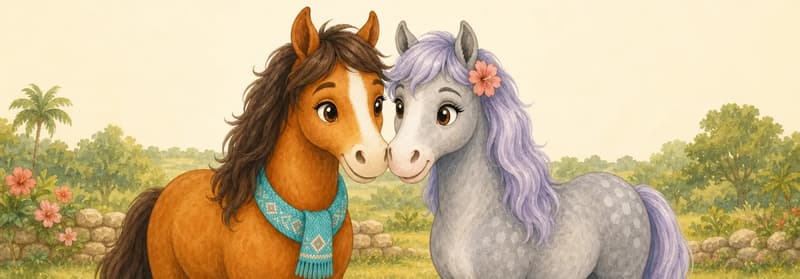 Yayis and Yolanda stand close together in the open countryside, gently touching muzzles or tilting heads toward each other in a clear farewell gesture. Warm, friendly mood — the closing feel-good page of the story.