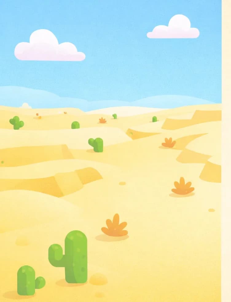 A bright, sun-lit desert landscape stretches across the left side of the image, with rolling sand dunes, scattered dry shrubs, and a few small cacti dotting the terrain. The sky above is a clear blue with soft clouds, and the daytime lighting casts the sand in warm, pale tones. The right side of the image is open, plain sandy background suitable for text overlay. No characters are present in this scene — it is a pure environment/setting illustration.